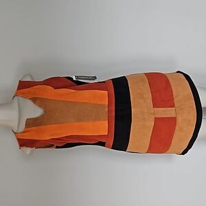 Eva Mendes retro rust/tan/orange color block faux suede dress-10